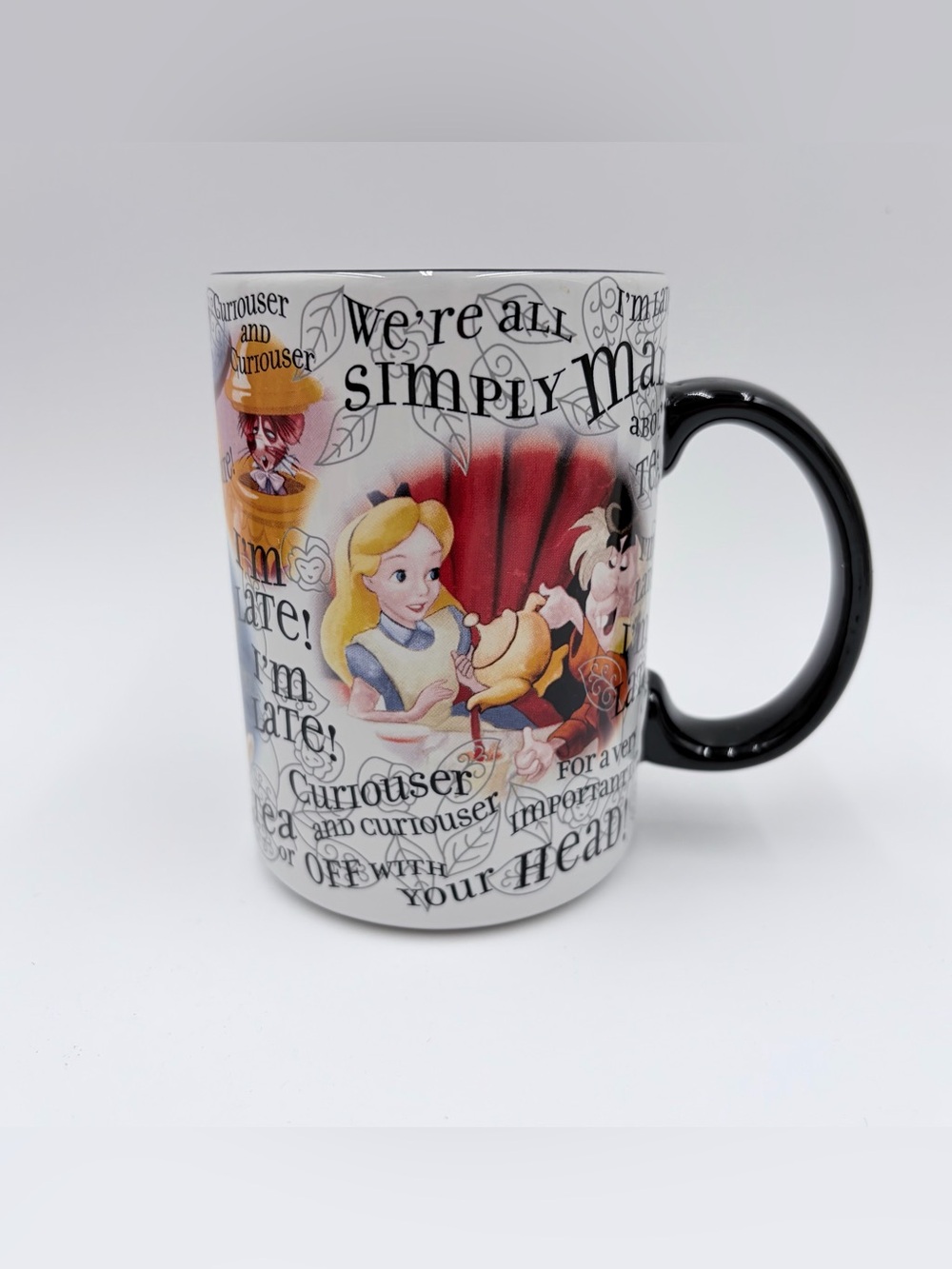 Disney Parks Alice in Wonderland Ceramic Coffee Mug Mad Hatter I'm Late Quotes